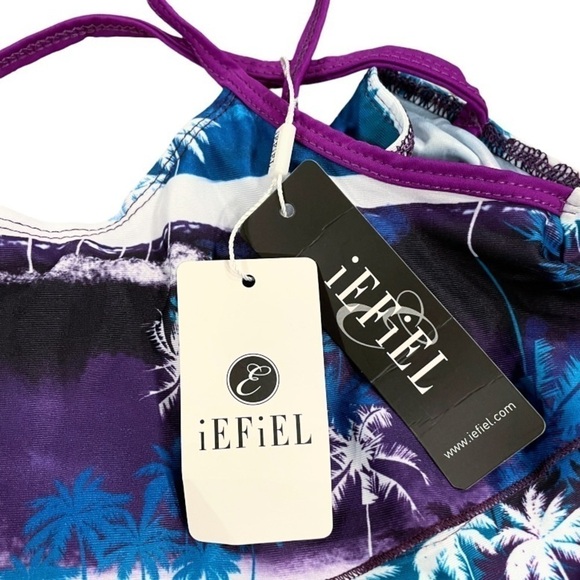 Iefiel Girls Med Swimsuit Tankini Tropical Palm Flounce Top Brief Blue Purple - Picture 9 of 13
